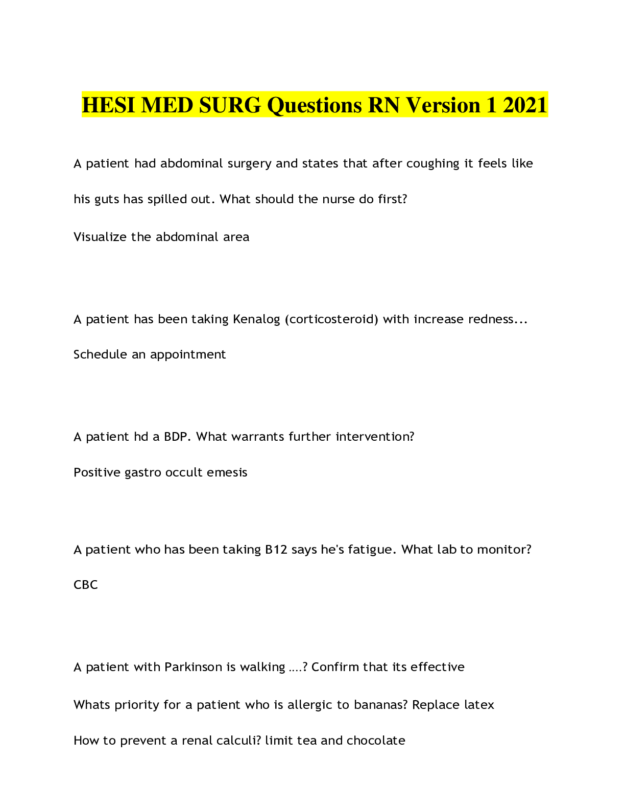Preview image for HESI MED SURG Questions RN Version 1 2021, Latest Questions and Answers, All Correct Study Guide, Download to Score A+